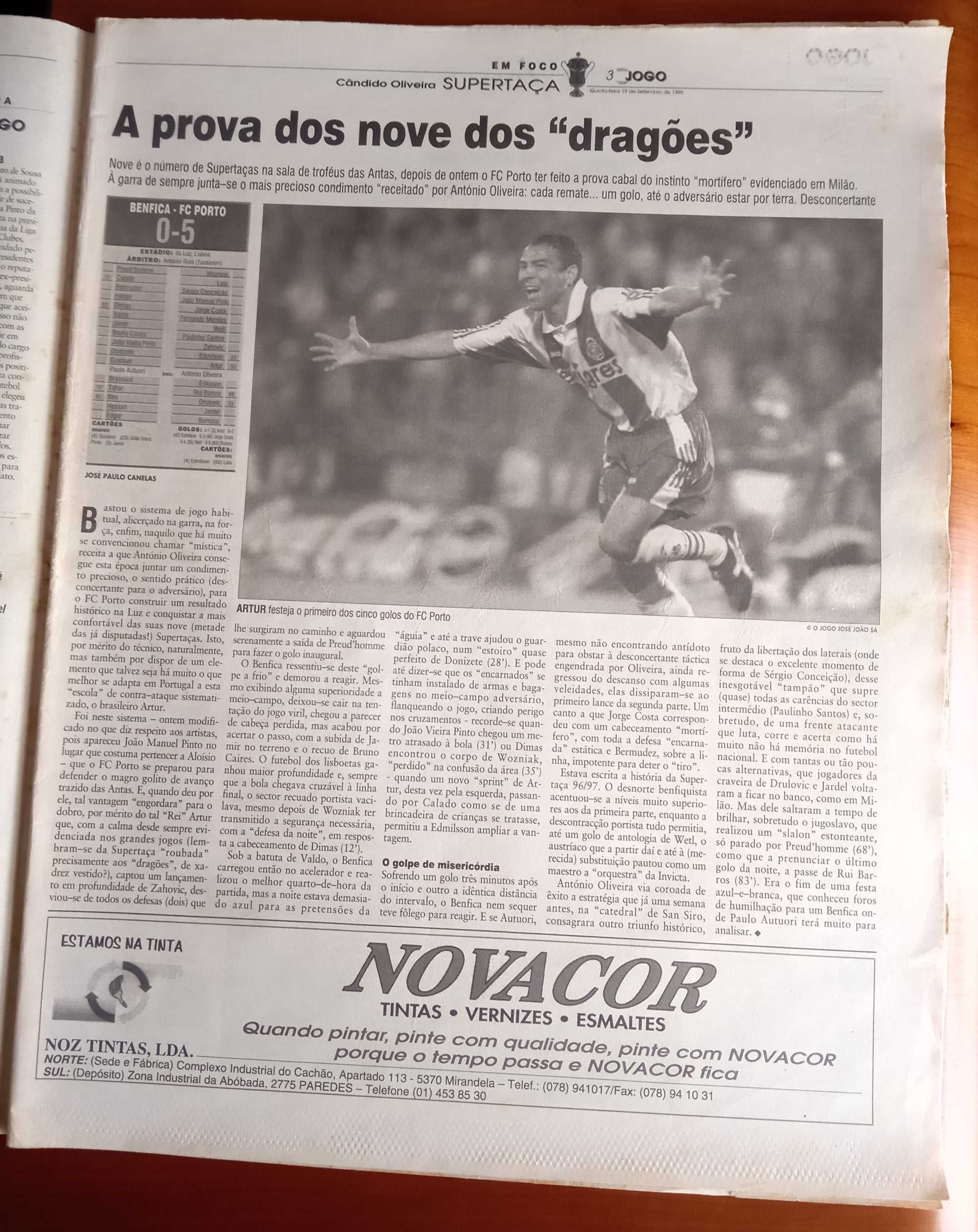 Jornal o Jogo Benfica 0 FCPorto 5  Setembro 1996