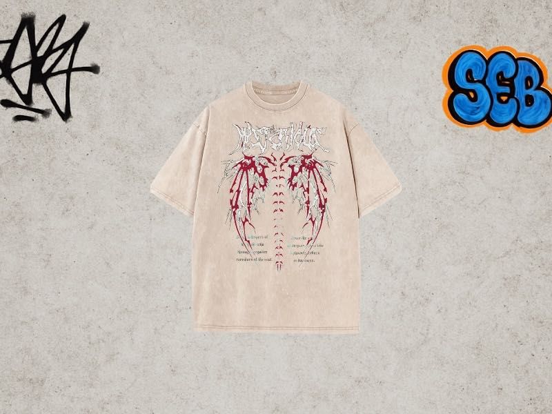 Koszulka męska M beżowa gothic y2k streetwear skrzydła alternatywna