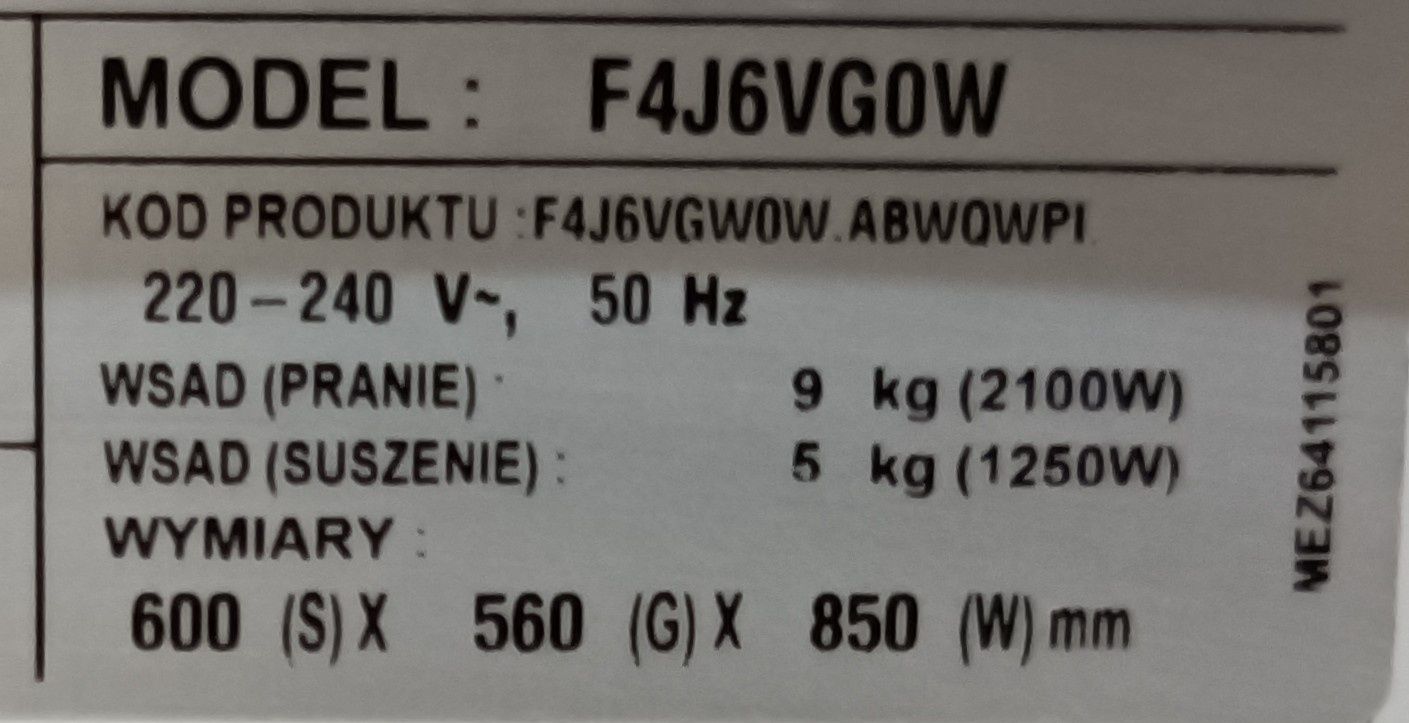 Nowa Pralka parowa LG 9kg/5kg.