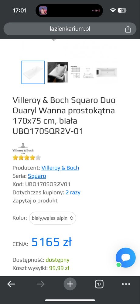 Villeroy & Boch Squaro Duo Quaryl Wanna prostokątna 170x75 cm, biała