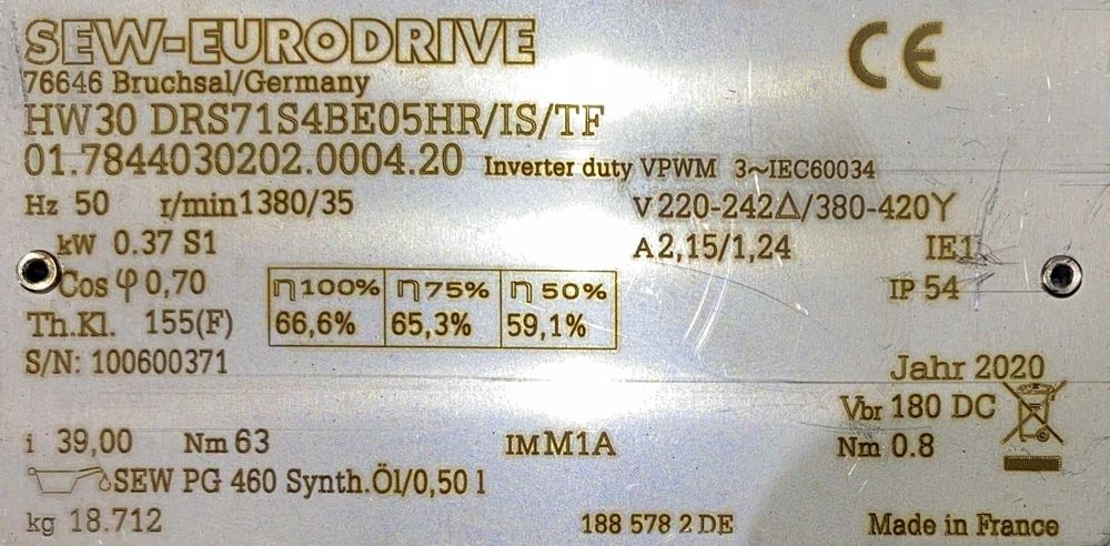 motoreduktor / przekładnia 0,37kW 35obr. 3fazowy HAMULEC SEW