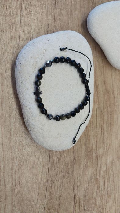 Bransoletka męska z obsydianem i hematytem.