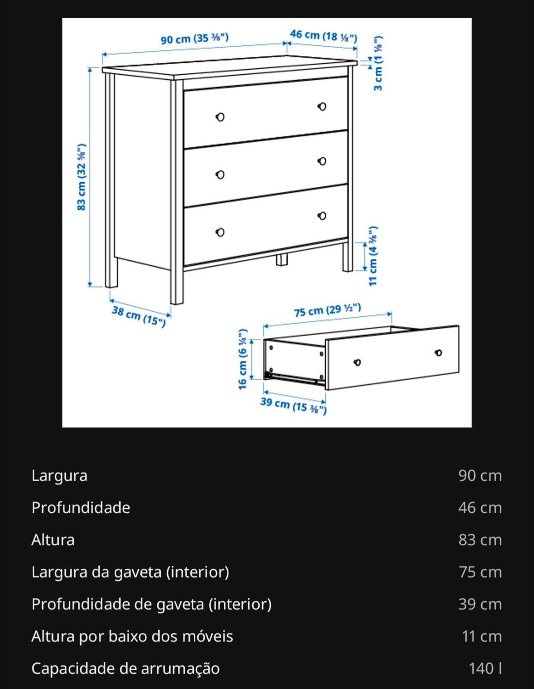 Cómoda koppang 3 gavetas