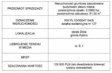 Złota - Nieruchomość gruntowa zabudowana
budynkiem zlewni mleka