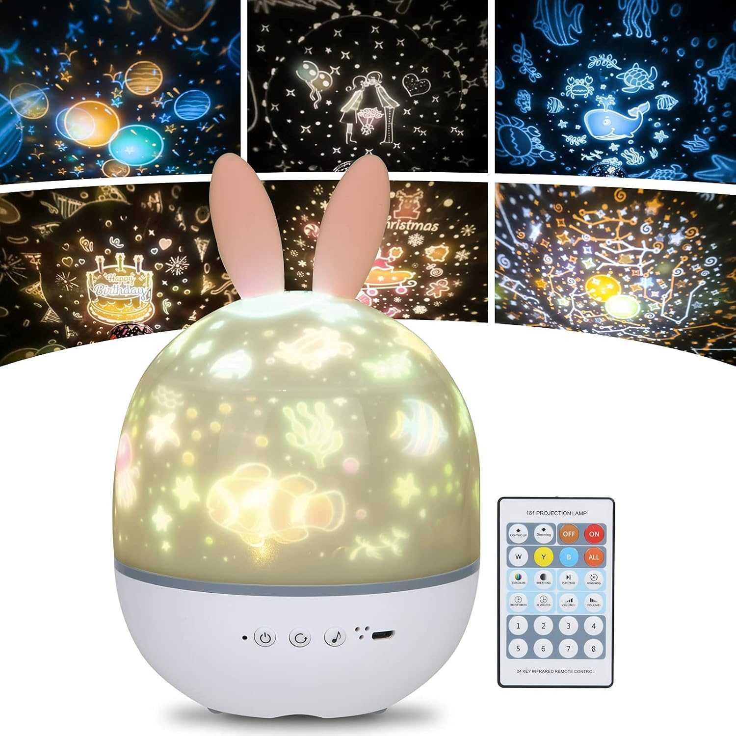 Lampka nocna królik projektor gwiaździstego nieba 360° pilot timer LED