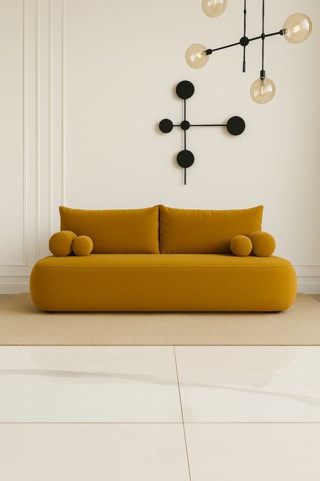 Kanapa rozkładana MUSZTARDOWA welur – sofa glamour z funkcją spania