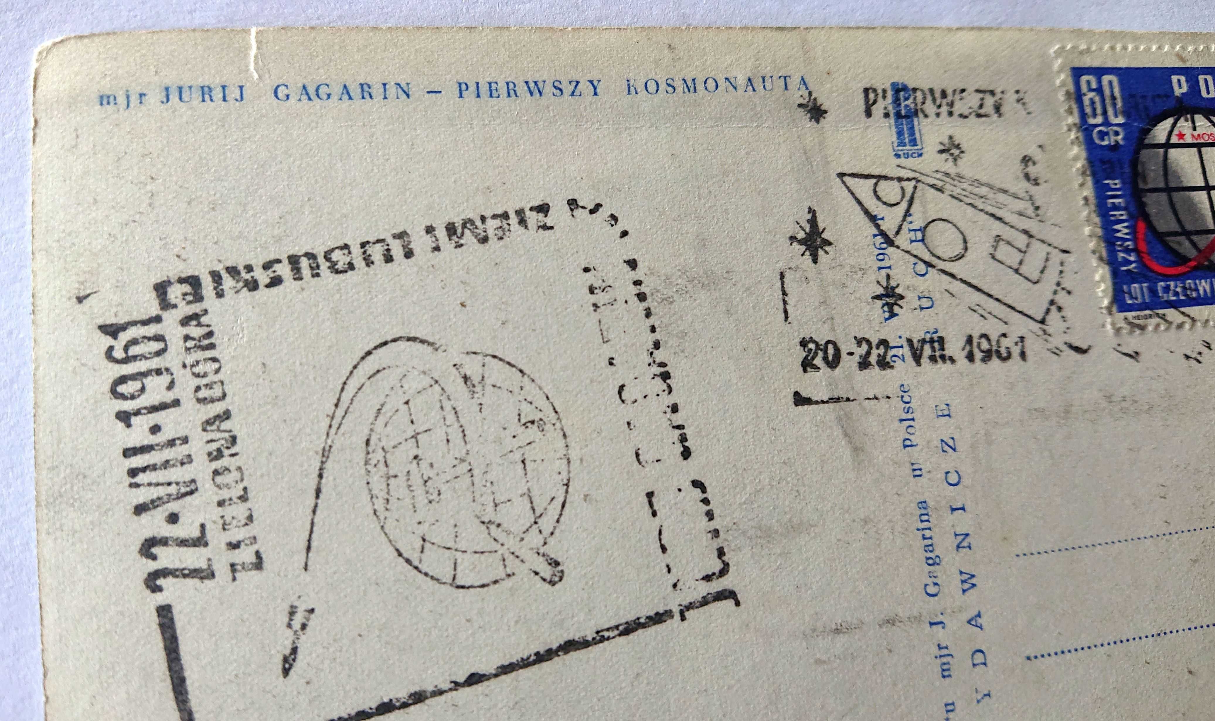 Kartka pocztowa - Jurij Gagarin RUCH Znaczek + Stemple- 1961 r. Nr 43