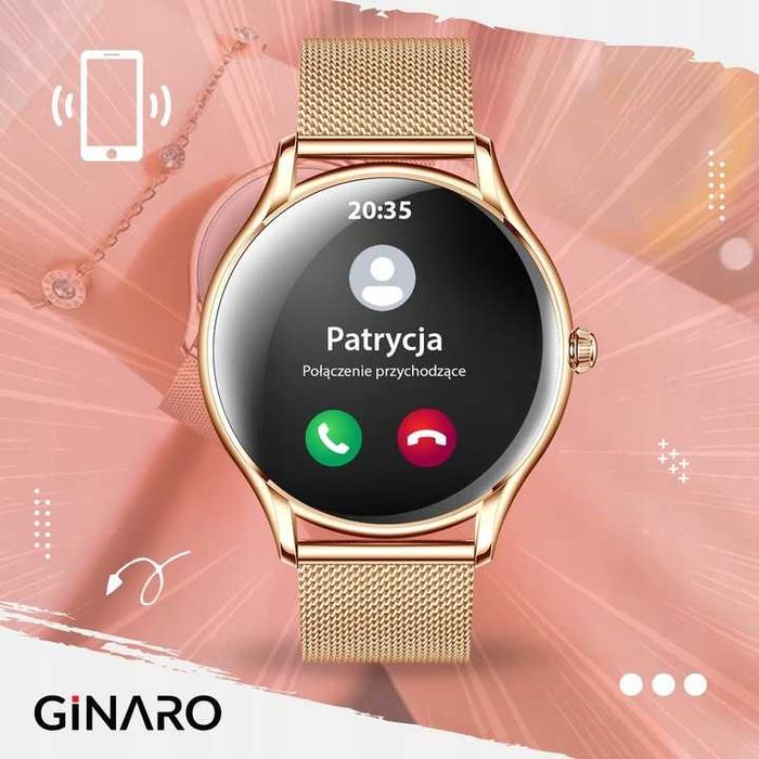 Smartwatch damski złoty zegarek elegancki kroki zdrowie pomiary muzyka