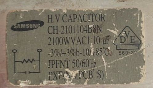 Конденсатор высоковольтный микроволновой печи Samsung. 2100WVAC1 10Mf