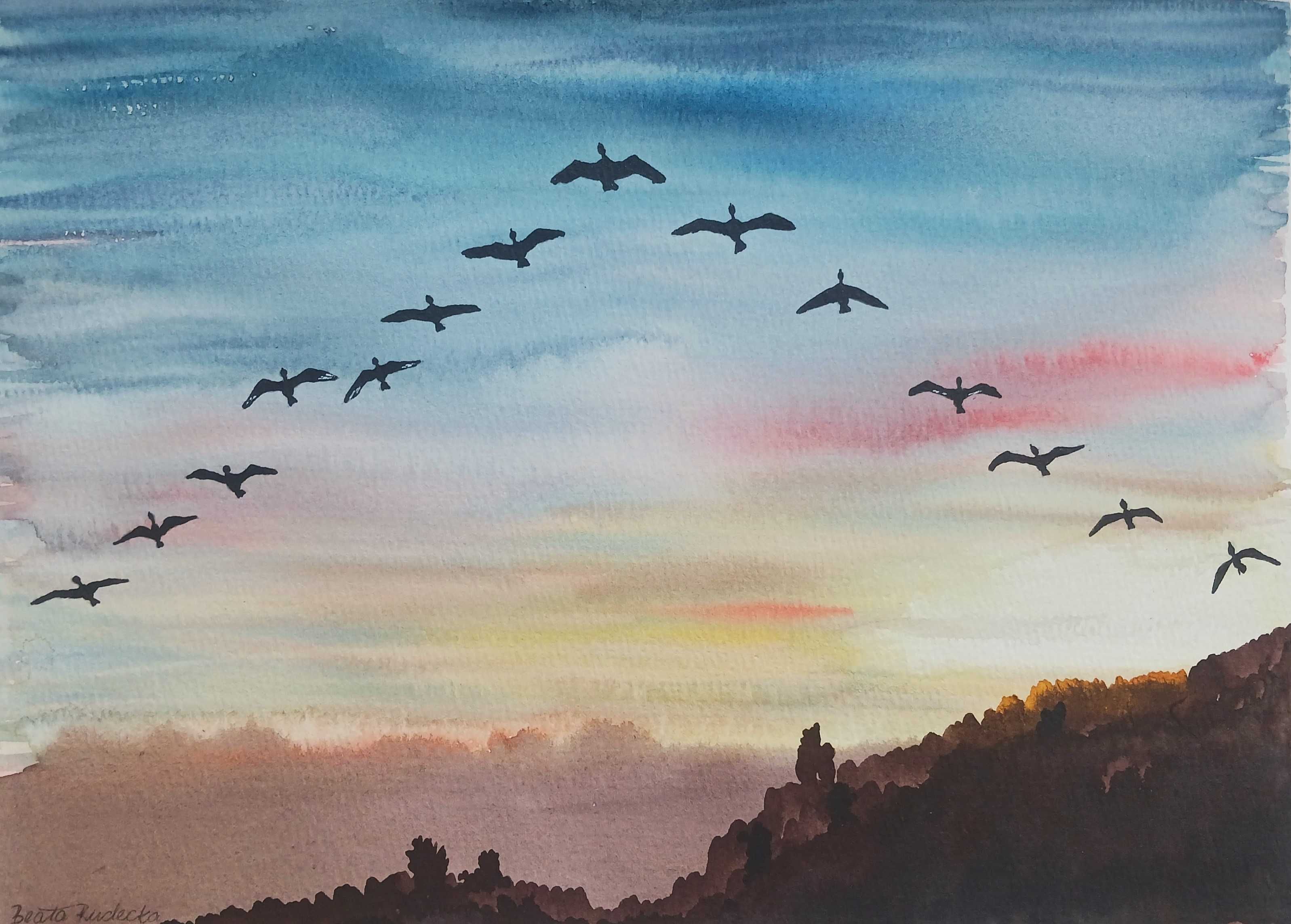 Akwarela Akwarelka Obraz pt. Klucz Gęsi 31 x 23 cm