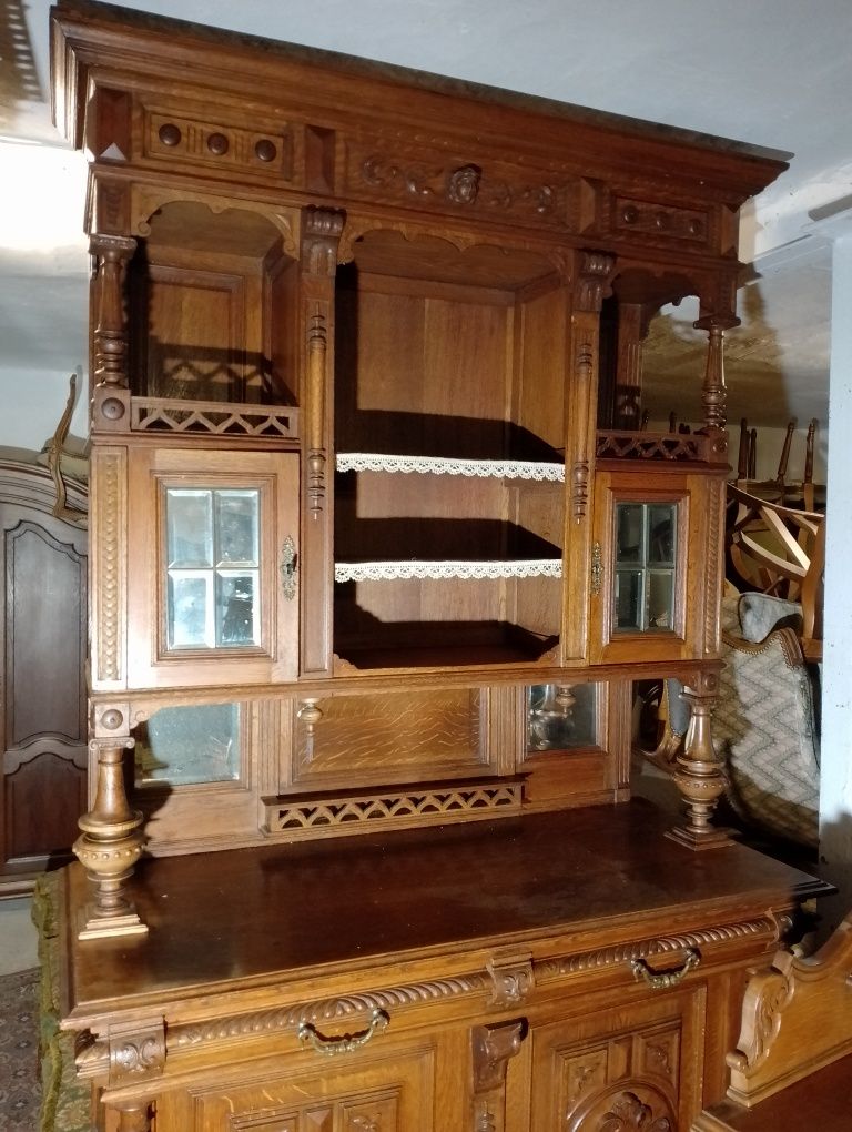 Piękny stary kredens-bufet dwuczęściowy antyk dębowy