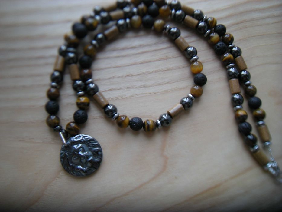 komplet męski tygrysie oko lawa wulkanu drewno hematyt wisior LEW