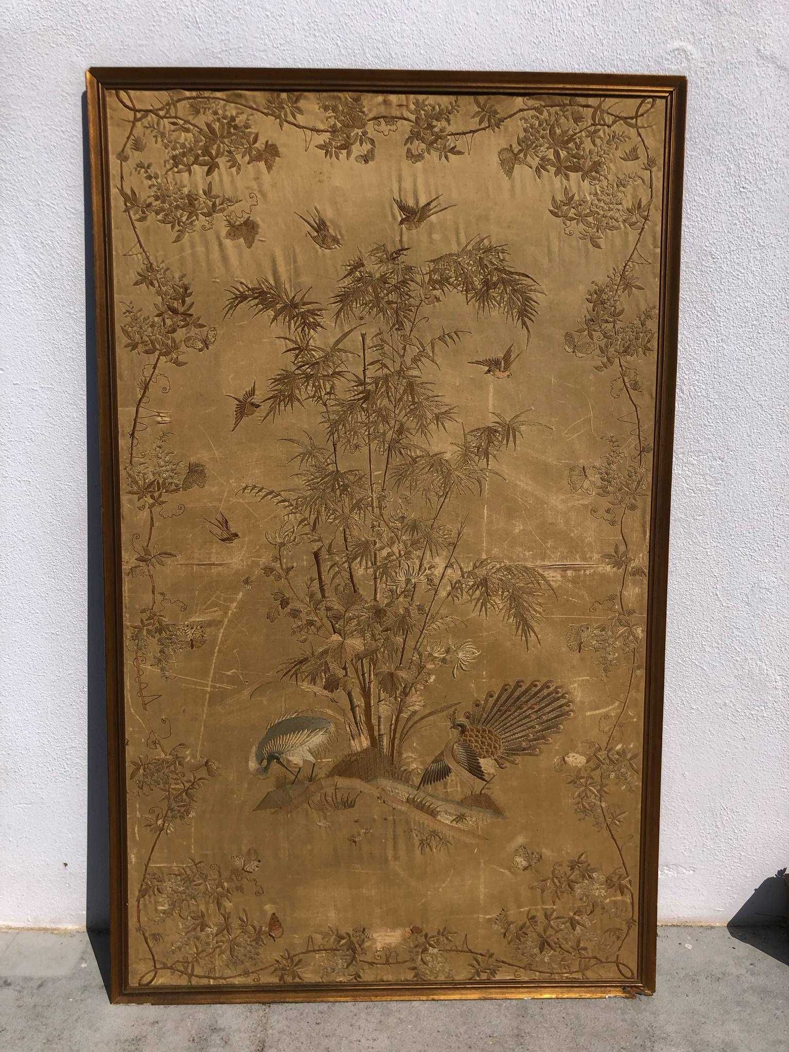 Quadro Seda Bordado Antigo Japonês Grande - 182cms x 111cms
