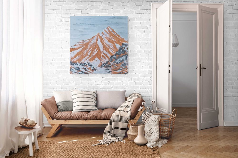 Obraz ręcznie malowany akrylami Zlote góry strukruralny 50x50