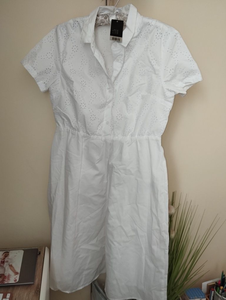 Nowa Biała sukienka na lato z kołnierzykiem góra haftowana 40 L 42 XL