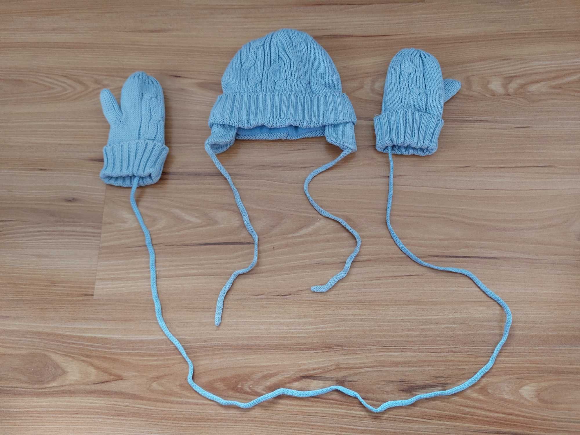 Błękitny komplet czapka + rękawiczki z jednym palcem, nowe