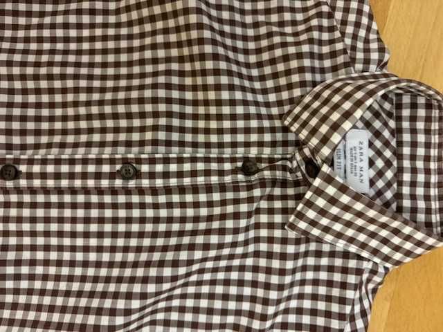 Koszula męska S Zara Slim Fit w kratkę brązowa bawełna z kołnierzykiem