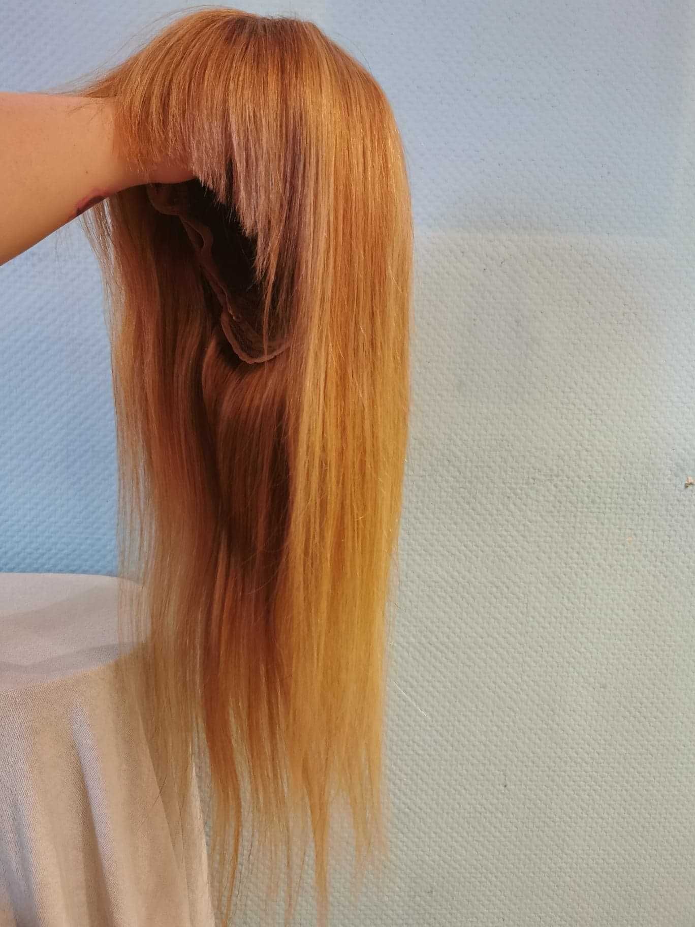 Peruka naturalne włosy złoty blond 60 cm koronkowa prosta grzywka