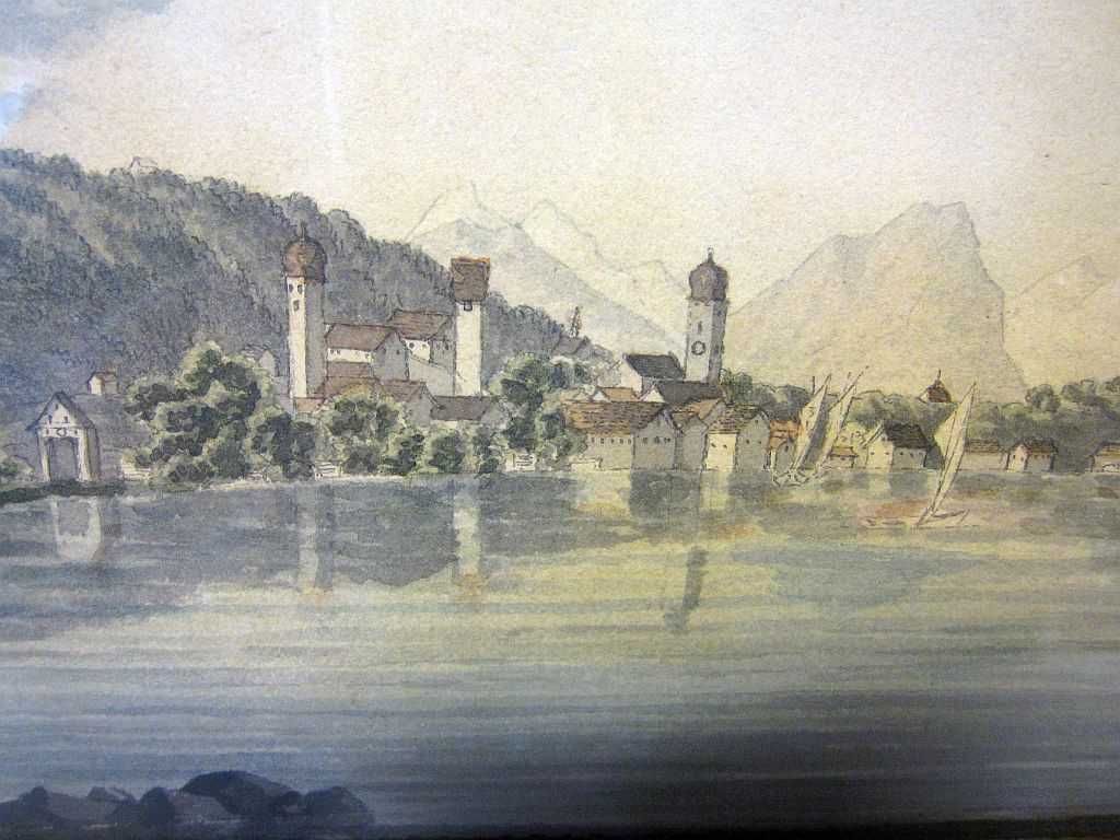 linda pequena antiga aquarela - paisagem suíça