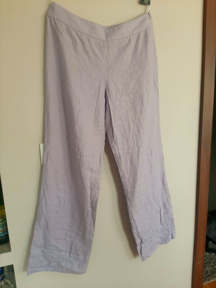 Liliowe długie lniane 100% spodnie typu proste z wysokim stanem