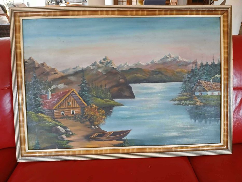 Obraz malowany ręcznie na płótnie Drewniane Chaty nad Zalewem w Górach