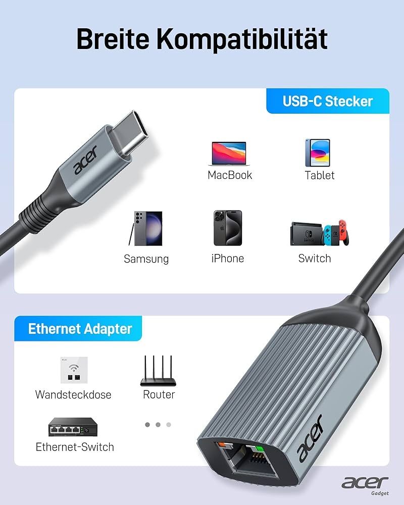Acer USB-C LAN адаптер 1Gbps для ноутбука, планшета, Switch