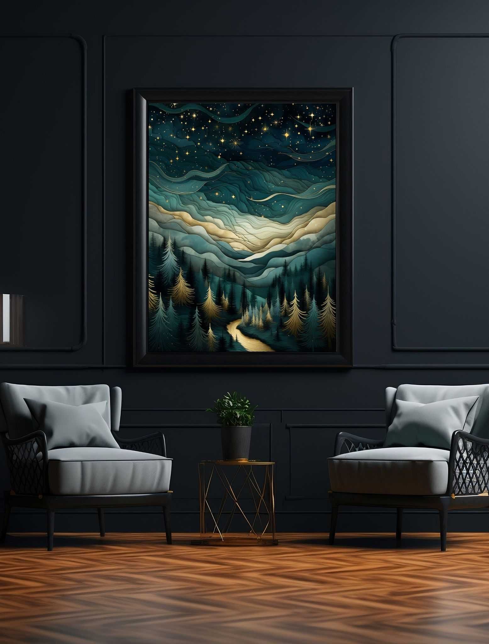 Plakat na Ścianę Obraz Złota Noc Krajobraz Las Sztuka 40x60 cm