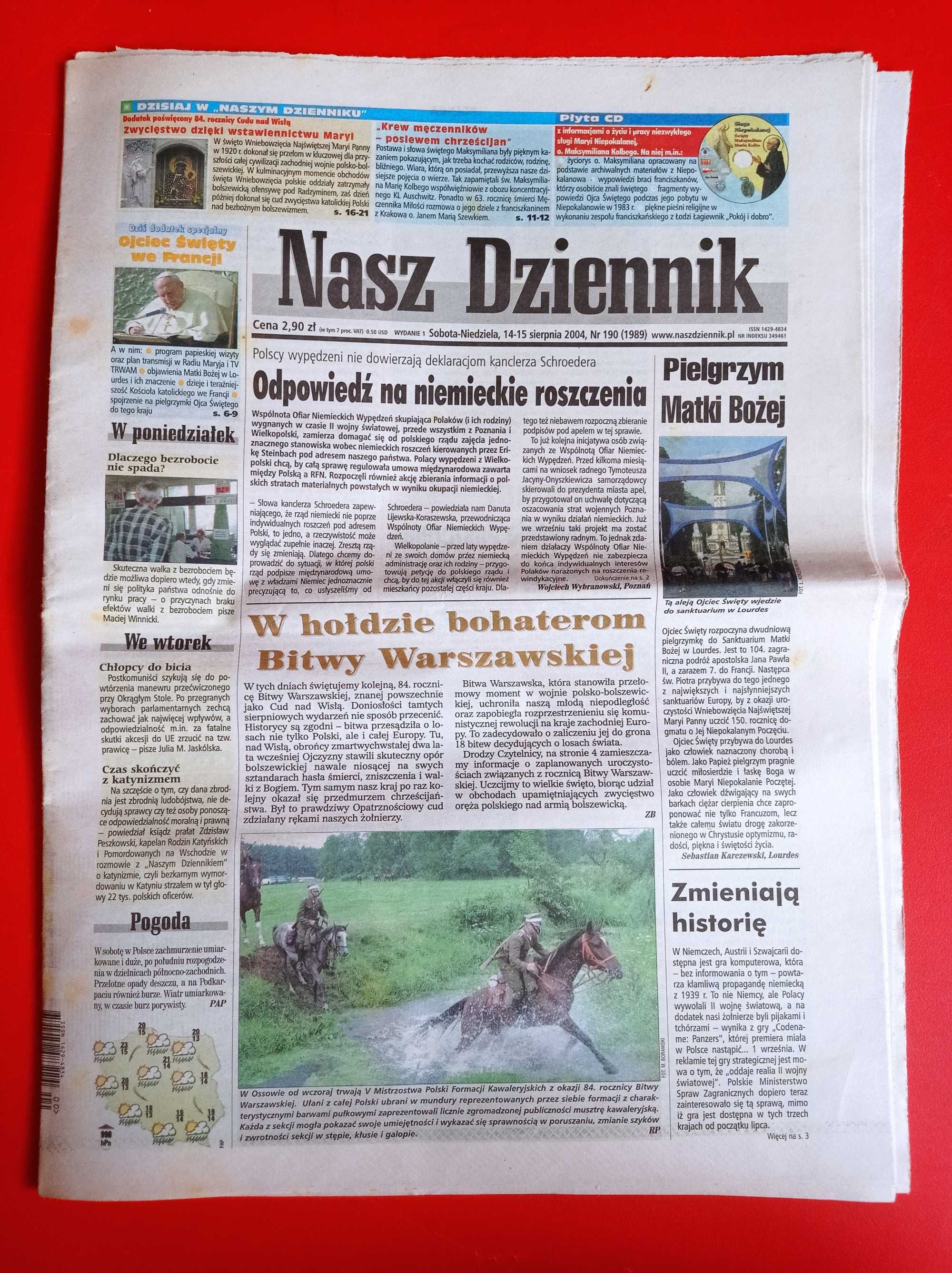 Nasz Dziennik, nr 190/2004, 14-15 sierpnia 2004 + CD Maksymilian Kolbe