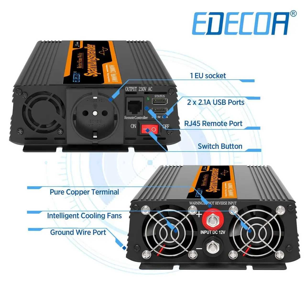 Перетворювач напруги (інвертор) EDECOA 12V-230V 1000W (чистий синус)