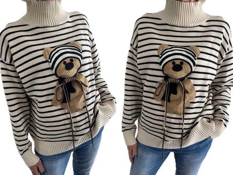Premium sweterek paski z misiem teddy bear Uni