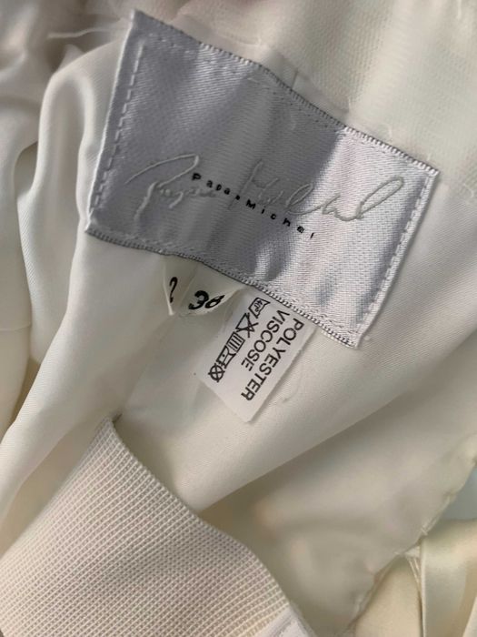 Nowa szyfonowa suknia ślubna Papas Michel 38 M Linia A z trenem ivory