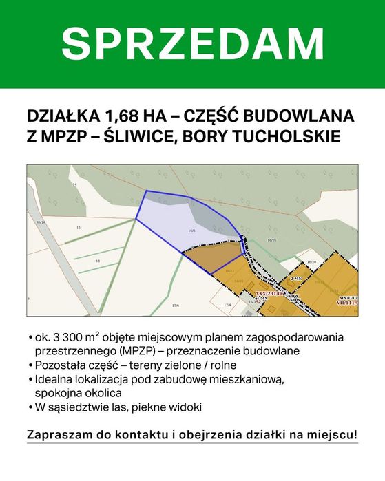 Działka 1,68 ha - część objęta MPZP - Śliwice - Bory Tucholskie