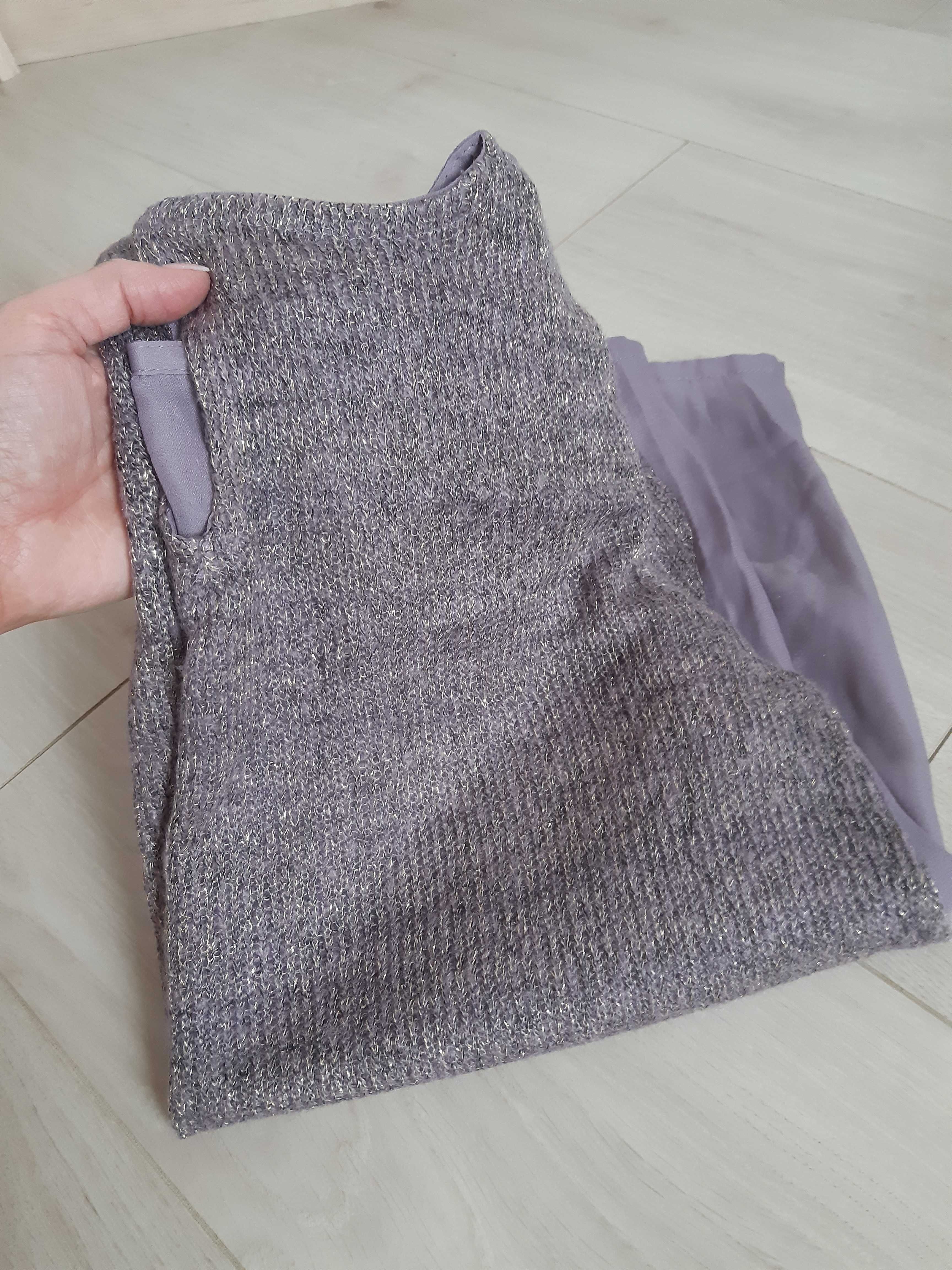 Sweter wrzosowy pastelowy ze złotą nitką dłuższy tył S 36