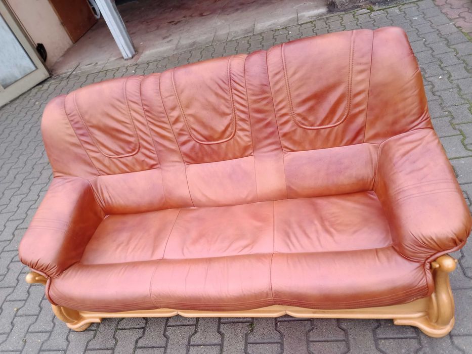 Komplet FLORYDA 3+2+1 i Ława Rozkładana i Podnoszona , Dąb -Skóra Brąz