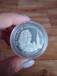 монета 50 долларов острова Кука 1990 год Жак Картье открытие Америки с
