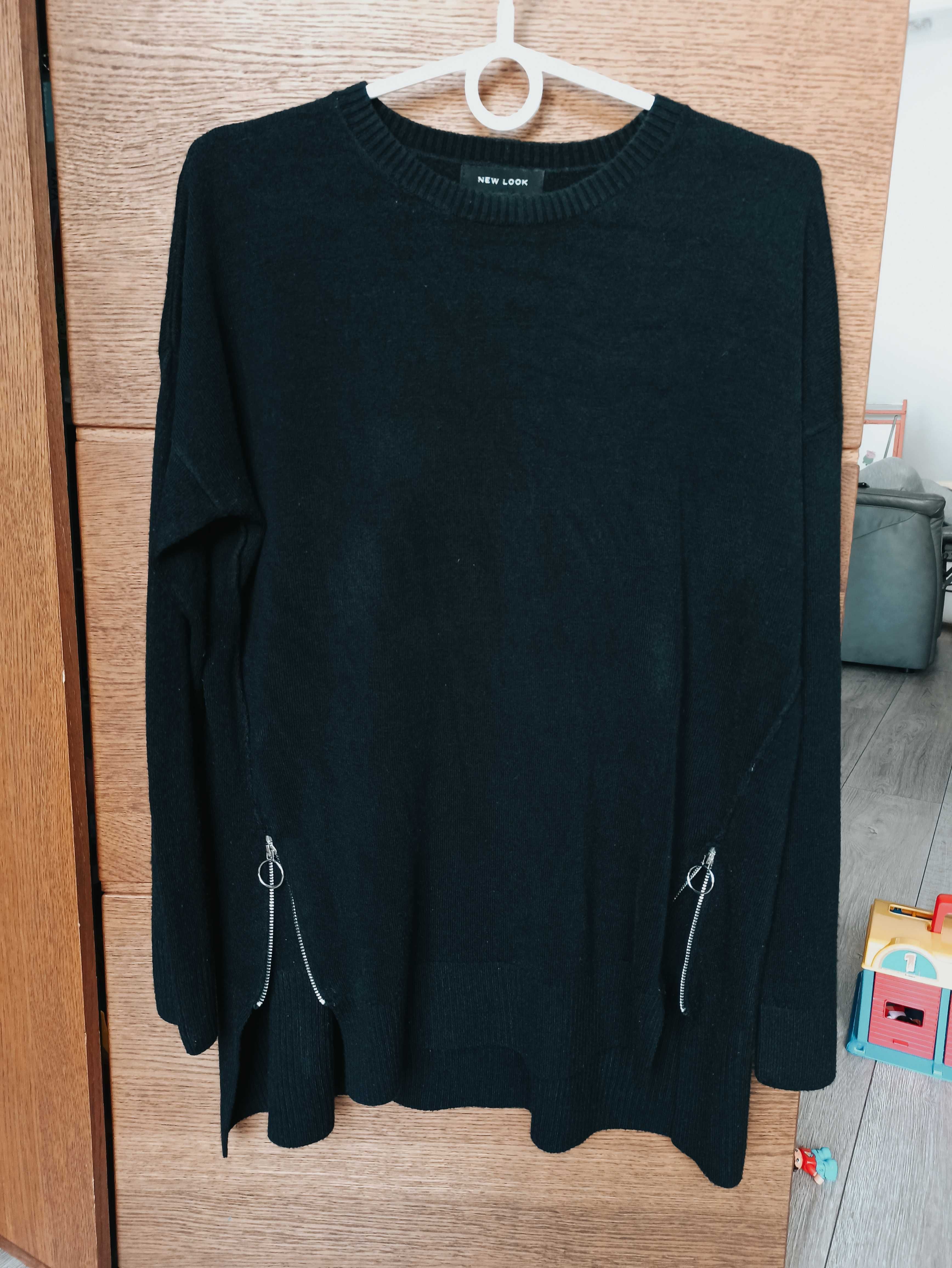 Sweter oversize luźny z suwakami czarny New Look 36 długi dłuższy