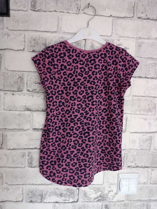 bluzka tunika 110 krótki rękaw różowa w panterkę cętki panterka brokat
