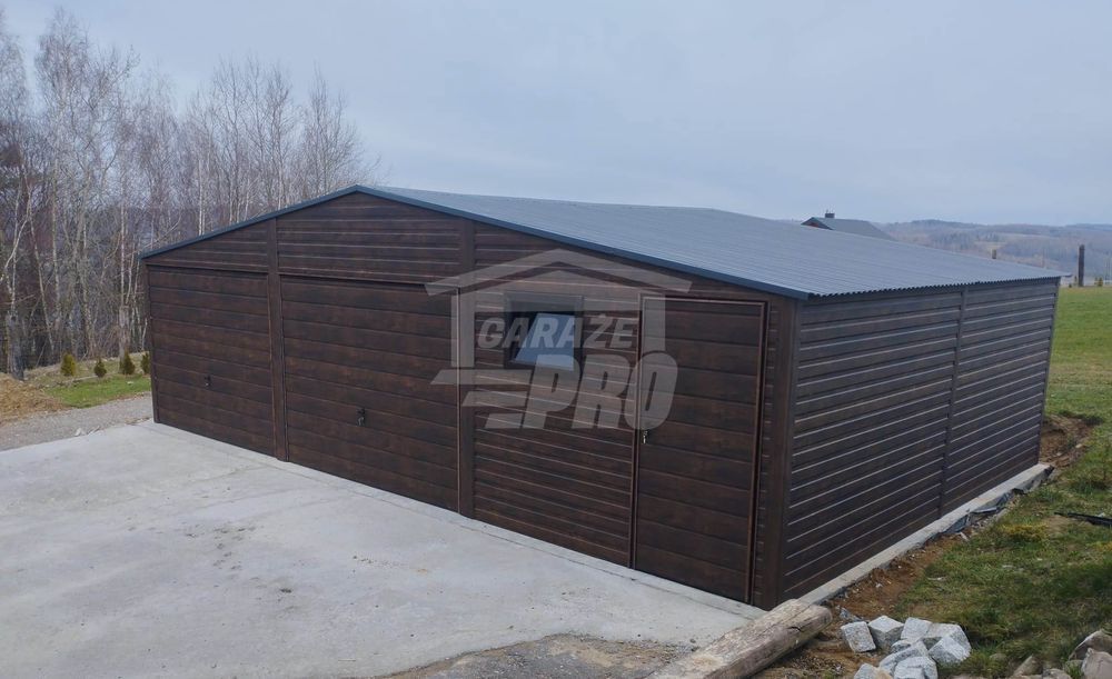 Garaż blaszany 9x6 drzwi - okno - Ciemny orzech Antracyt GP280