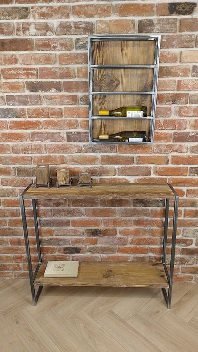 Konsola i stojak na wino loft – stare drewno i stal, transport gratis