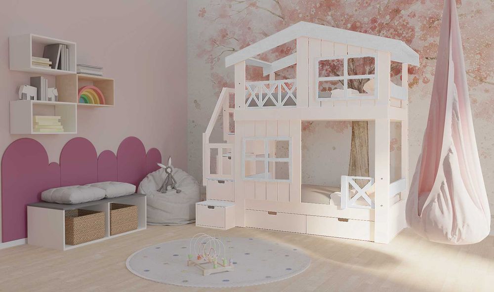 Łóżko piętrowe domek ze schodami Łóżko dla rodzeństwa