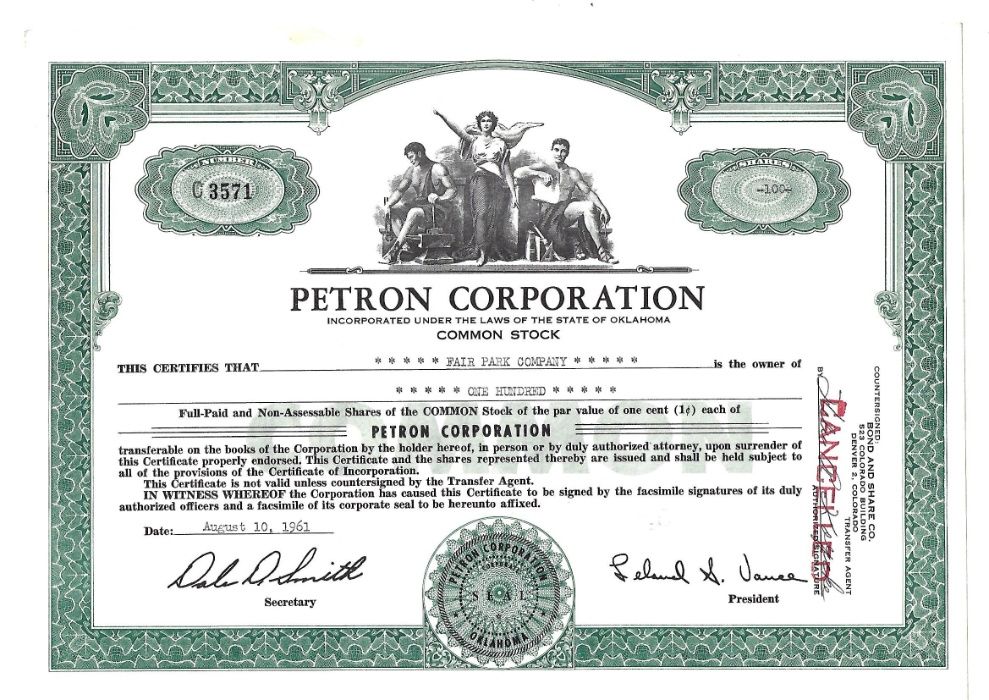 Bonds Shares Ações Petron Corporation 100 - ações 1961 USA