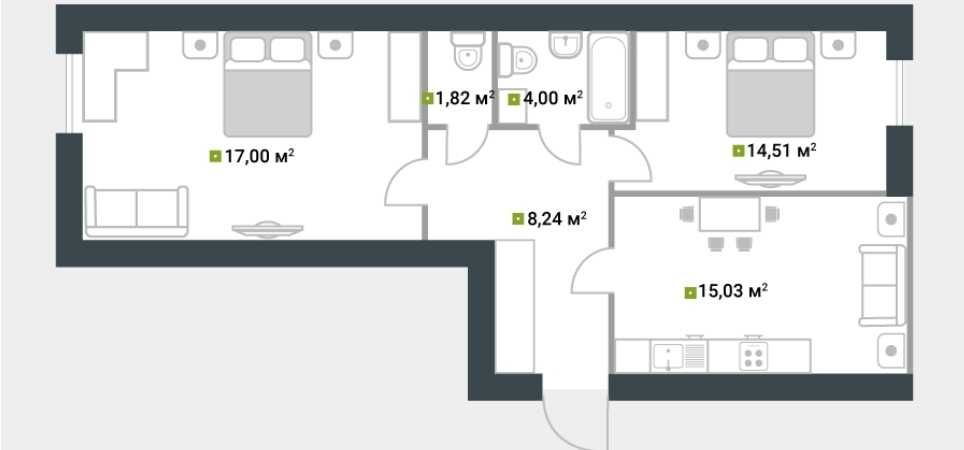 Велика світла двокімнатна квартира