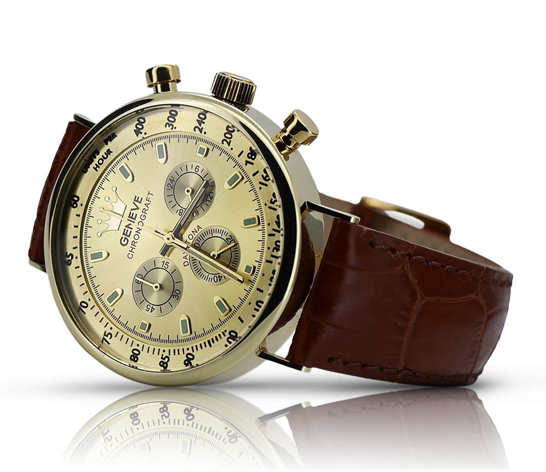 Złoty elegancki zegarek na brązowym pasku męski 14k 585 Geneve Gdańsk