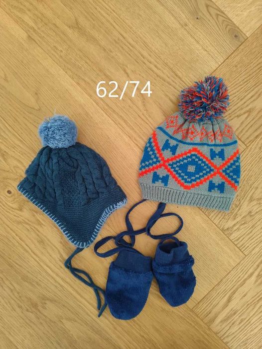 Zestaw 2szt czapki niemowlęce 62-74 ciepłe zimowe +gratis rękawiczki