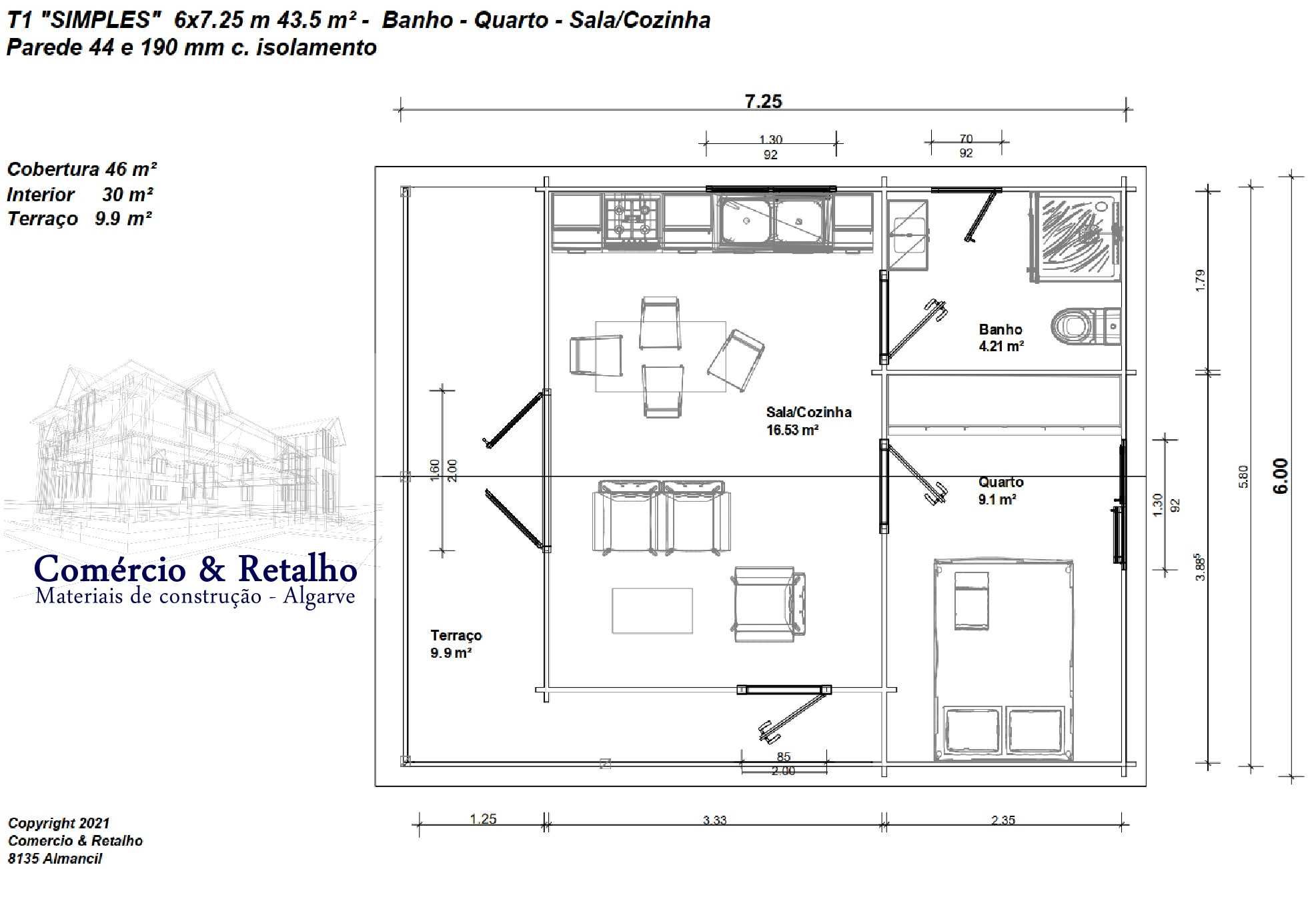 T1 "SIMPLES" total 46m² - interior 30m² Casa de madeira Pré fabricada