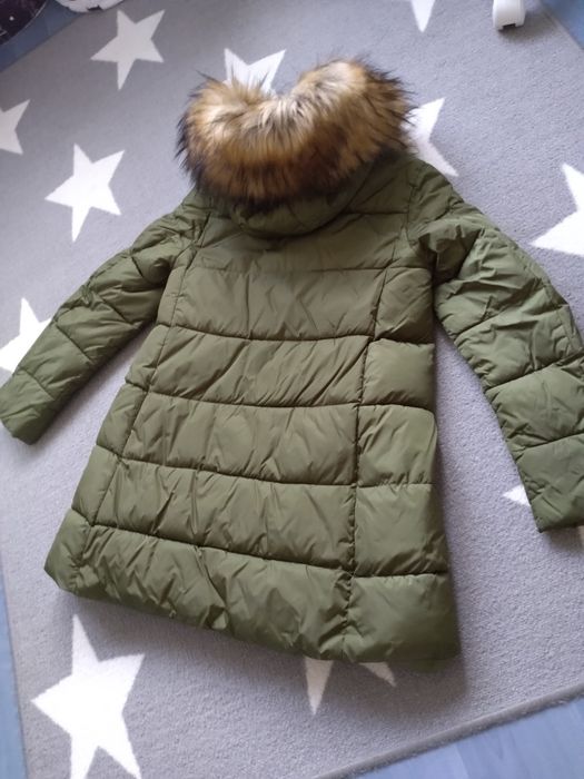 Kurtka płaszcz zimowy asymetryczny sztuczny jenot khaki S