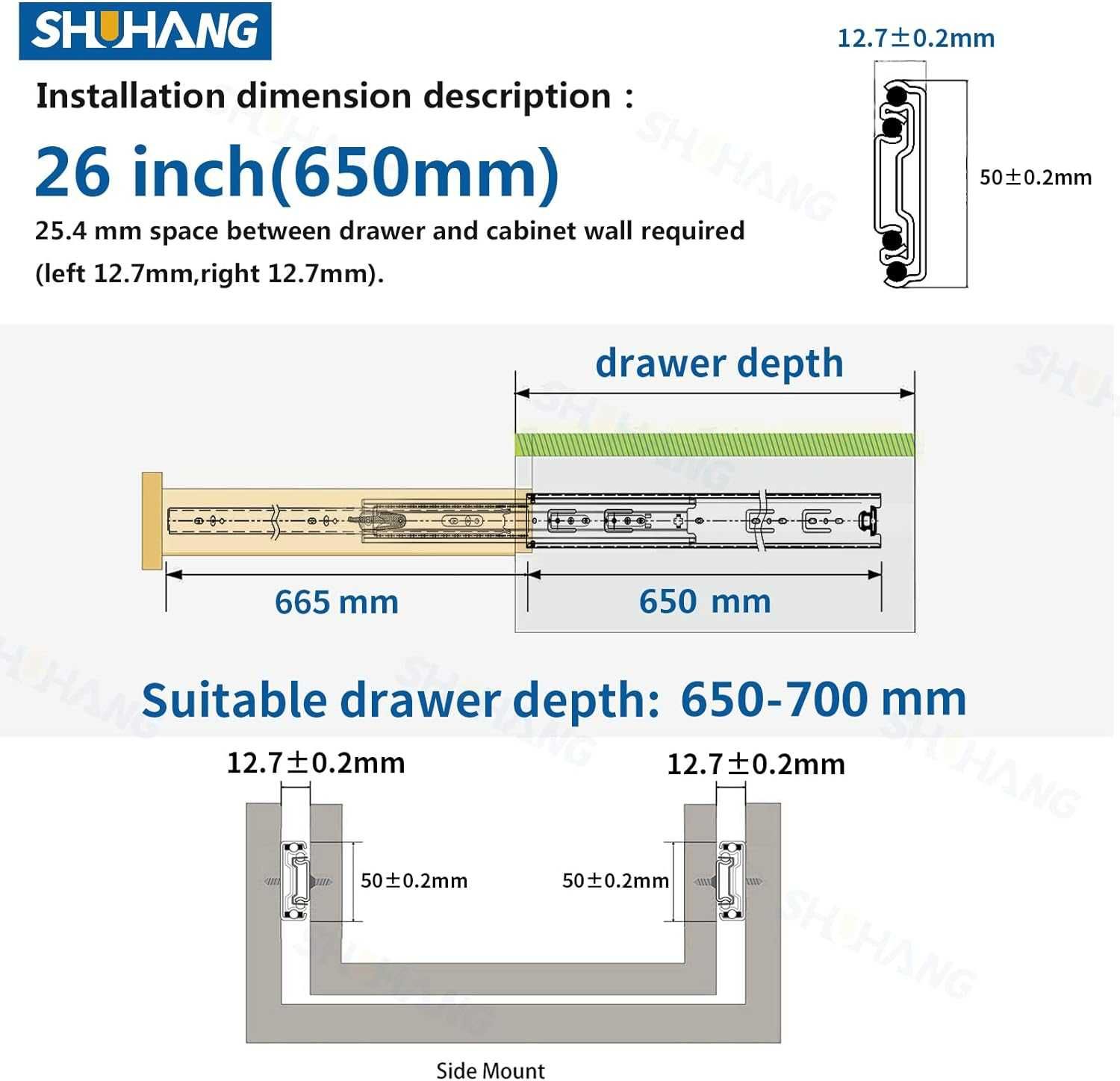 SHUHANG S51 Heavy Duty Drawer Runners 68 kg szary 650mm