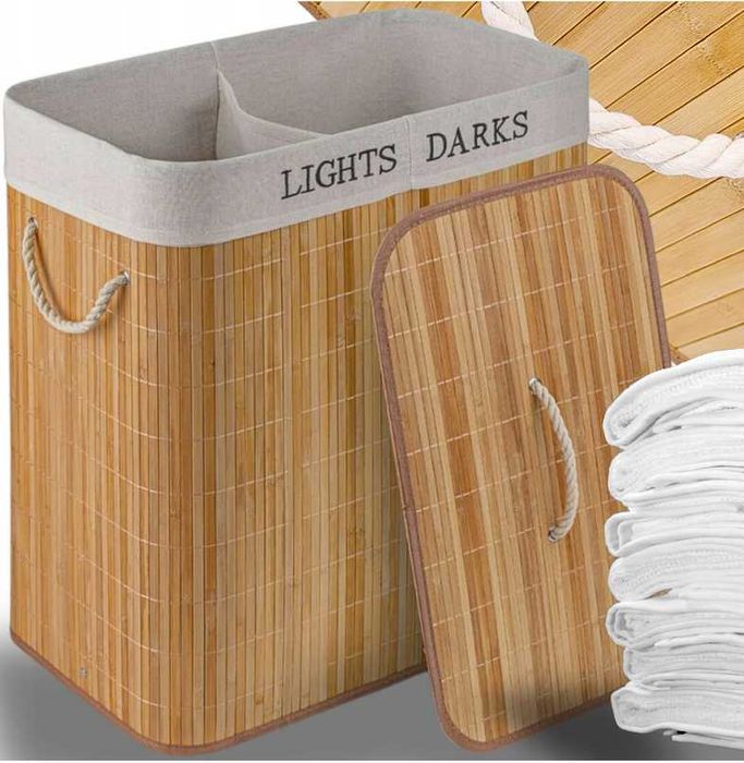 DUŻY KOSZ NA PRANIE BIELIZNE dwukomorowy bambusowy wolnostojący 105L