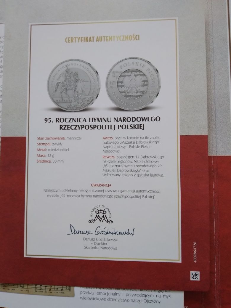 Medal "95 Rocznica Hymnu Narodowego RP + album  +certyfikat