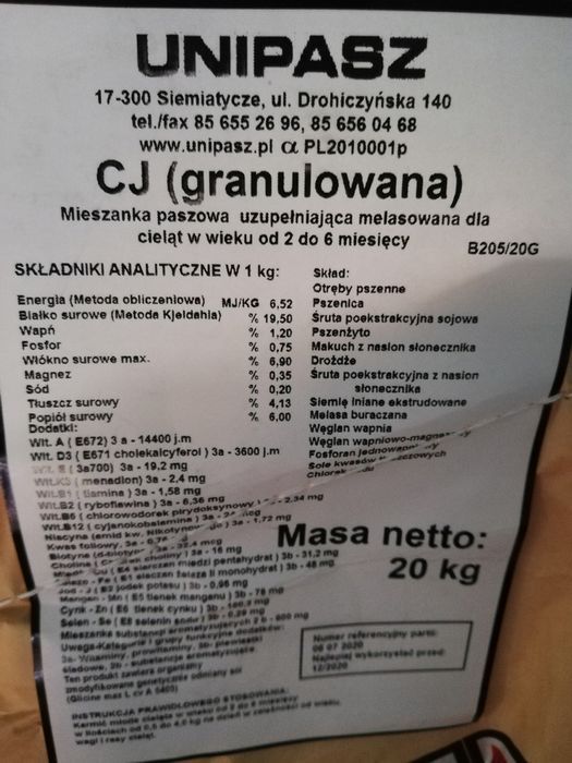 Pasza granulowana dla cieląt Cielak CJ UNIPASZ 20k